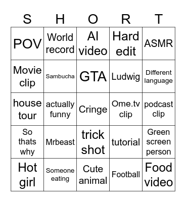 Youtube shorts bingo Card