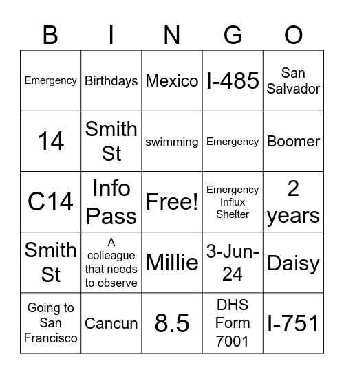 Cabrini Bingo Card