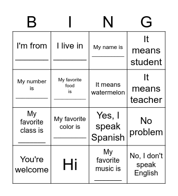 English Phrases Bingo Card