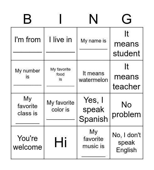 English Phrases Bingo Card