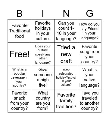 Me and My Culture Ice Breaker Bingo Card