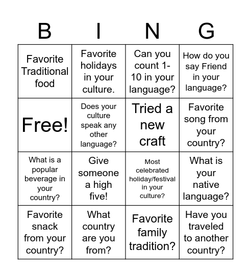 Me and My Culture Ice Breaker Bingo Card