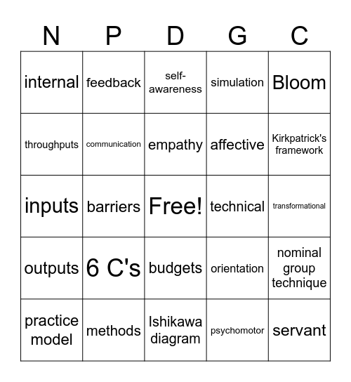 NPD Bingo Card