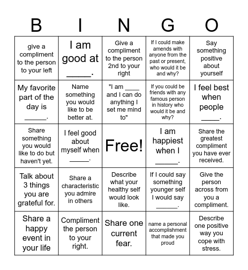 Self-Esteem Bingo Card