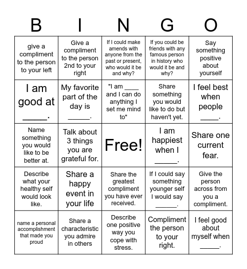 Self-Esteem Bingo Card