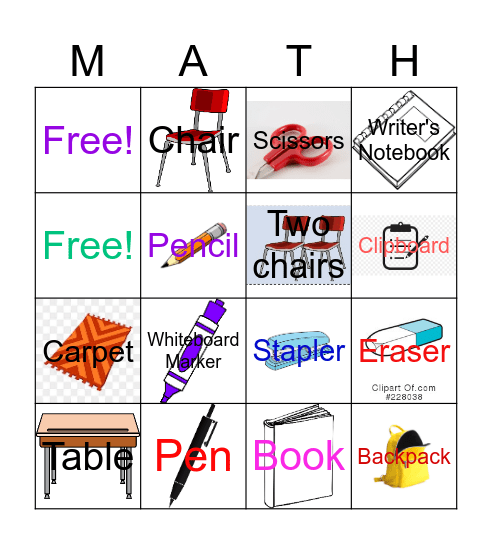 Classroom Items Bingo Card