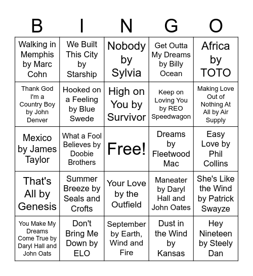 May music Bingo Round 4-Yacht Rock Bingo Card