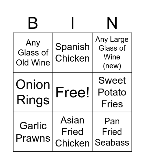 Cosy Dinner Bingo Card