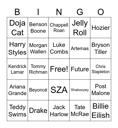 Today's Top 40 Artists Bingo Card