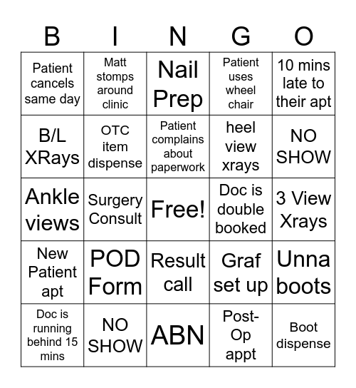 PODIATRY BINGO Card