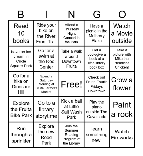 Fruita Summer Bingo Card