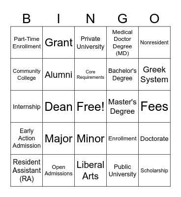 College Vocab Bingo Card