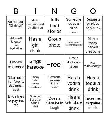 Sara Bachelorette Bingo Card