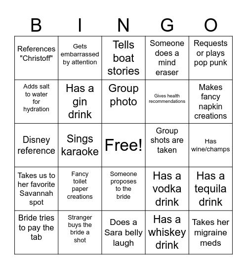 Sara Bachelorette Bingo Card