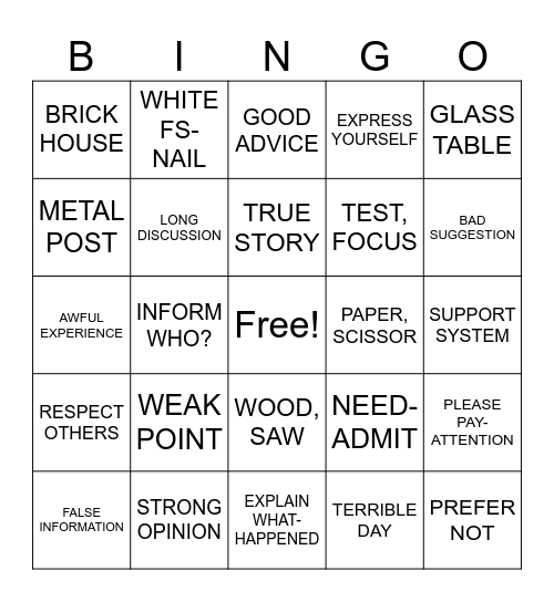 UNIT 8 ASL WORD PAIRS Bingo Card