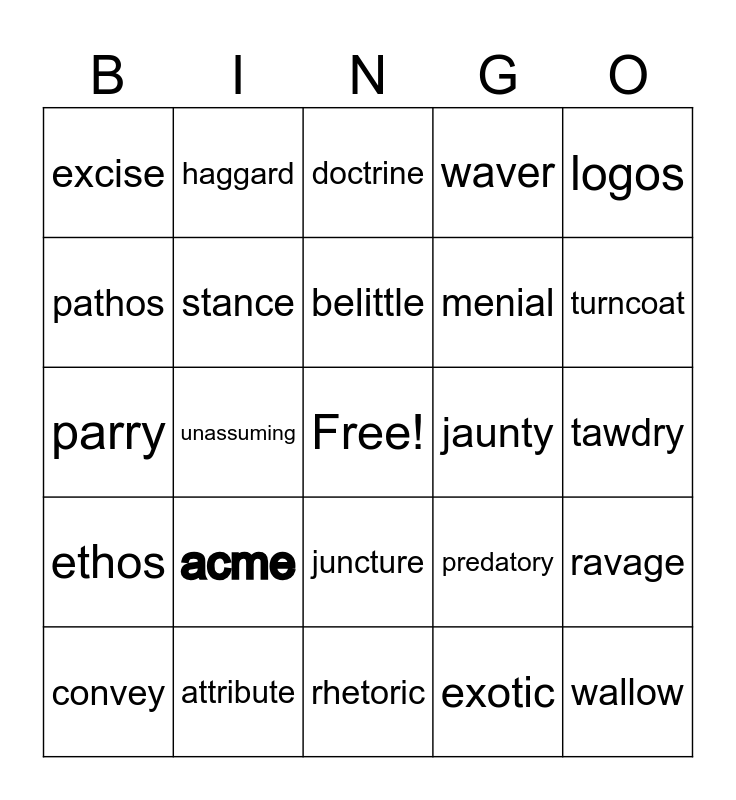 8th Grade Vocab Ch 7 Bingo Card