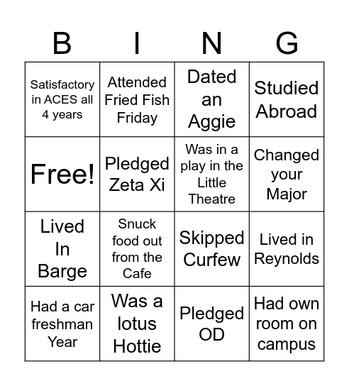 Bennett Back in the Day($20) Bingo Card