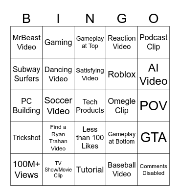 YouTube Shorts Bingo Card