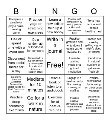 Mental Wellness BINGO Card