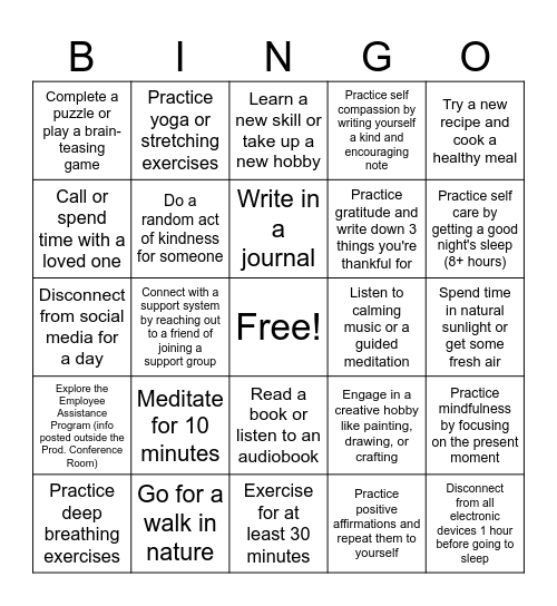 Mental Wellness BINGO Card