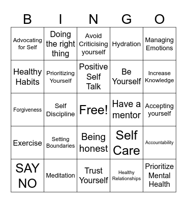 Self Respect Bingo Card