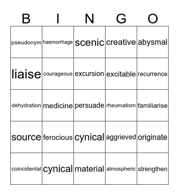 Reading Test Bingo Card