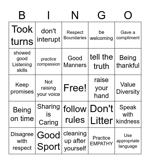 Respecting Others Bingo Card