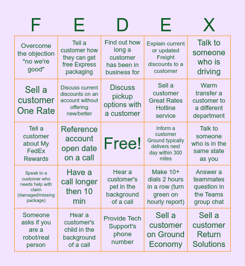 Sales Call Bingo Card