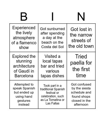 A foreigner in Spain Bingo Card