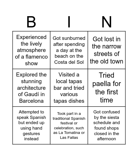 A foreigner in Spain Bingo Card