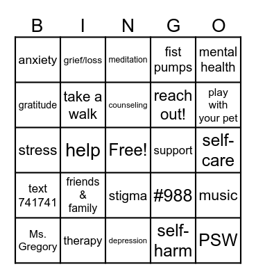 Mental Health Awareness Bingo Card