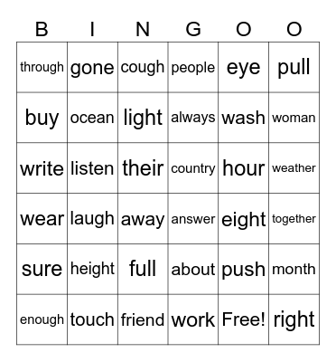 2nd Gr Bingo Card