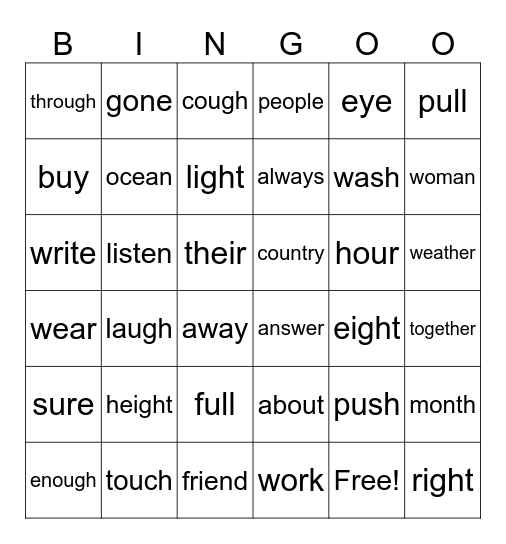 2nd Gr Bingo Card