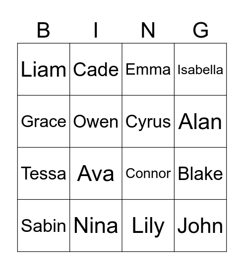 4th Grader BINGO Card
