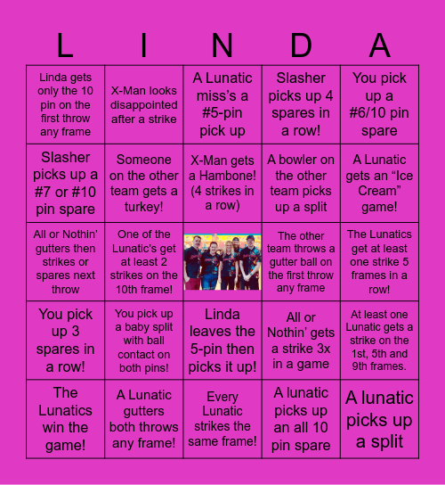Linda’s Lunatics Bowling Bingo Card