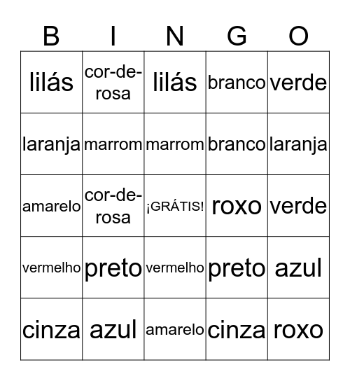 As cores em português Bingo Card