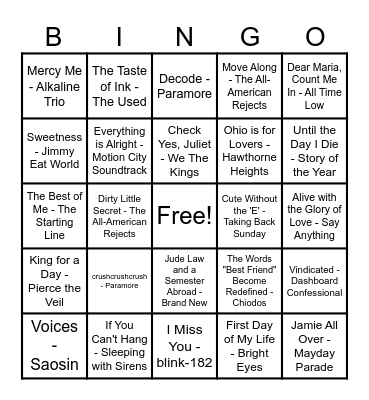 Emo / Pop Punk Music Bingo Card