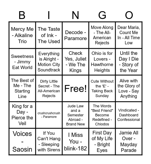 Emo / Pop Punk Music Bingo Card