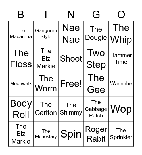 Dance Moves Bingo Card