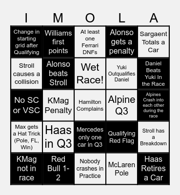 2024 F1 Bingo Card