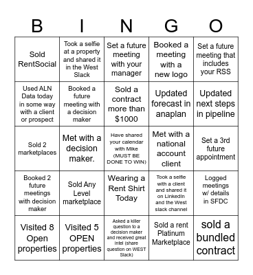 West Sales Bingo Day 3 Bingo Card