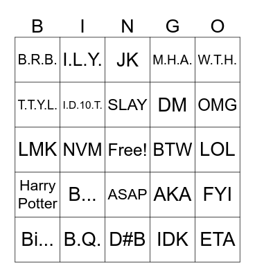 B.G. Bingo Card