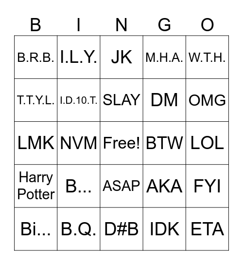 B.G. Bingo Card