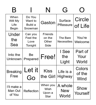 Disney Song Titles Bingo Card
