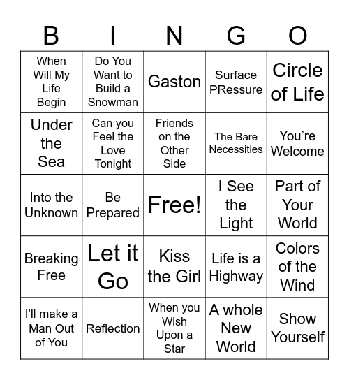 Disney Song Titles Bingo Card