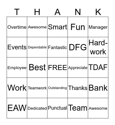 Employee Appreciation Bingo Card