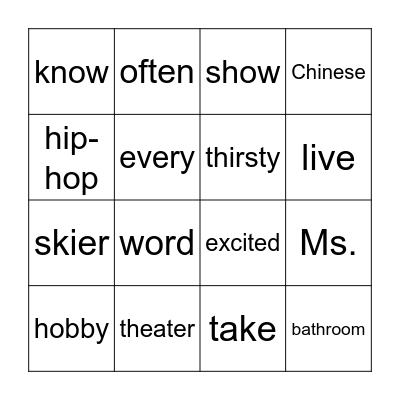 English words! Bingo Card