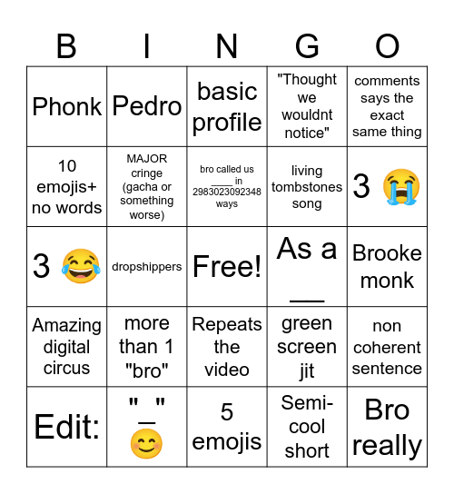 Yt shorts comments Bingo Card