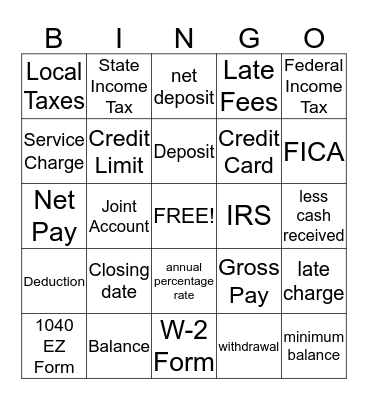 Banking Vocabulary Bingo Card