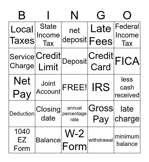 Banking Vocabulary Bingo Card